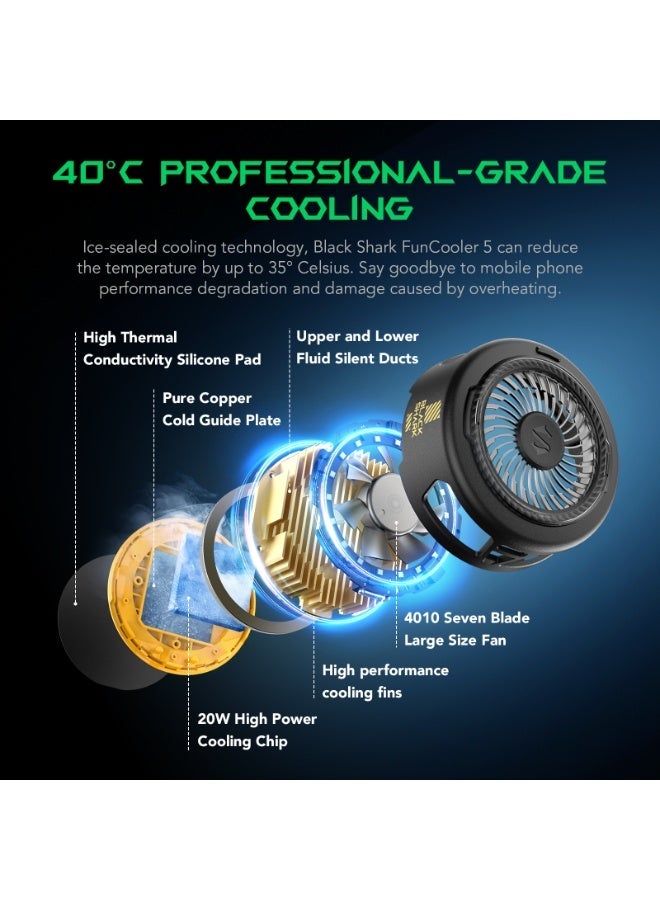 بلاك شارك مبرد الهاتف بلاك شارك FunCooler 5، طاقة TEC كبيرة 20 واط، خفض درجة الحرارة بمقدار 35 درجة مئوية، تصميم نحيف للغاية، 18 ضوء RGB قابل للتخصيص، واجهة حامل للبث المباشر - أسود - Image 3
